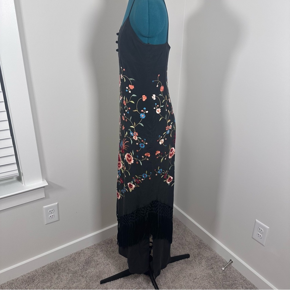 Sue Wong Vintage Black Silk Maxi Dress with Floral Embroidery & Fringe - Picture 7 of 16